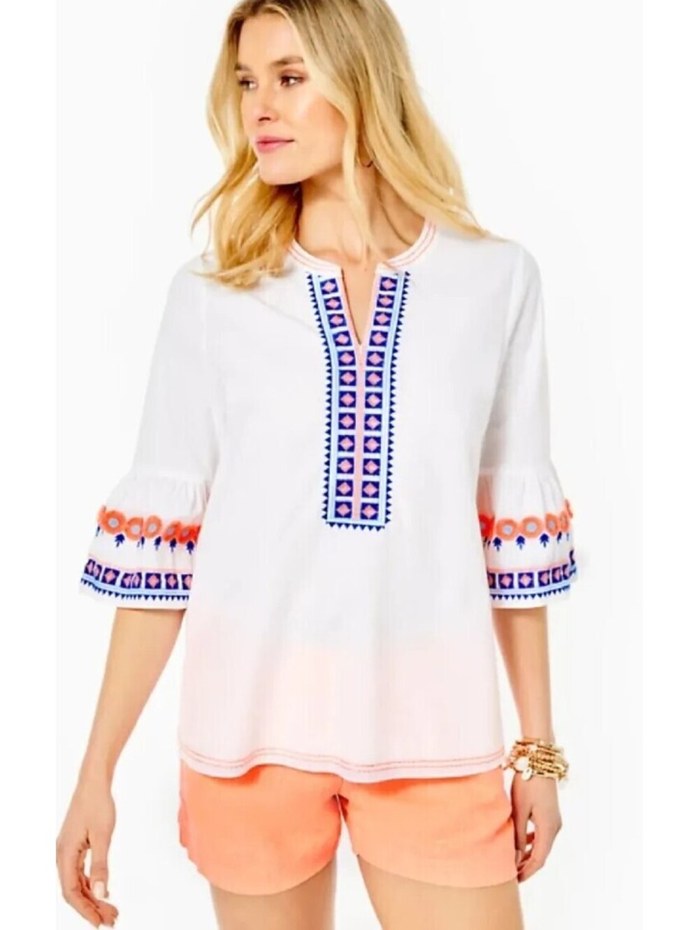 Lilly Pulitzer XS Rissa Printed Cotton Tunic Top Resort White *READ* Embroidered